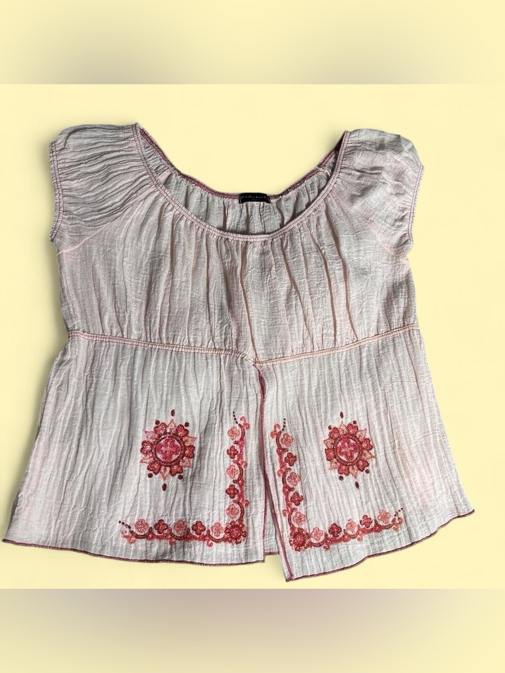 Boho Embroidered Short Sleeve Peasant Top - Pink